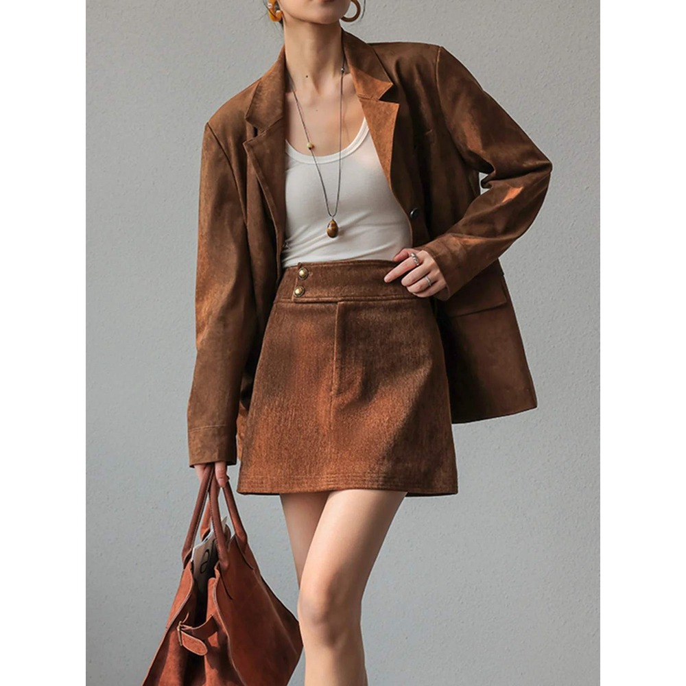 COMMENSE Light Brown Retro A Line Mini Skirt Mid Waist Tailored S US 4 NWT